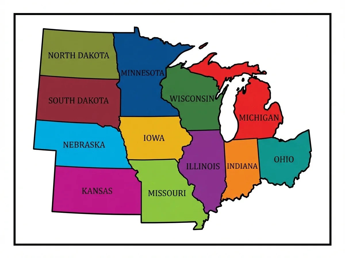Labeled Midwest US Map