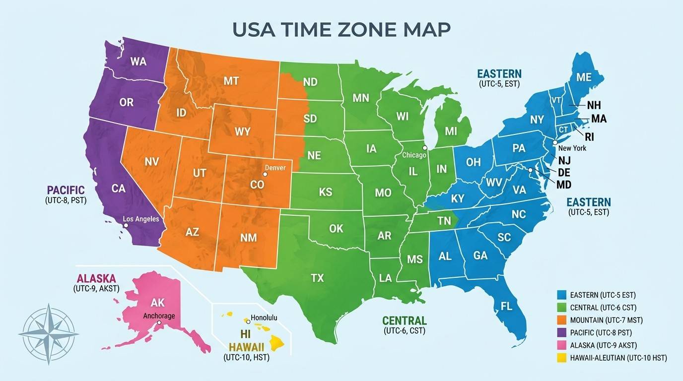 USA Time Zone Map with States & Current Time Zones