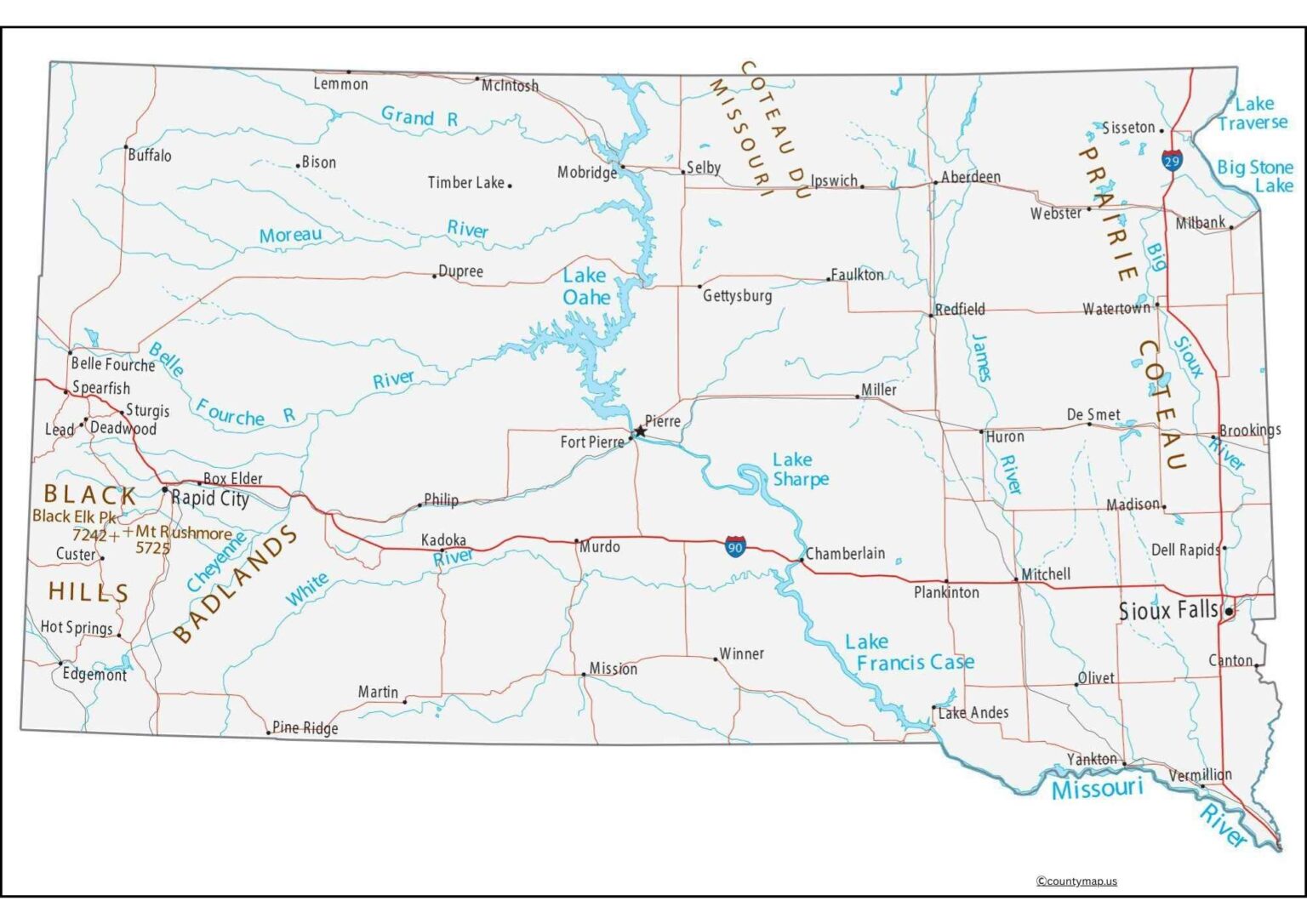 South Dakota County Map with Cities