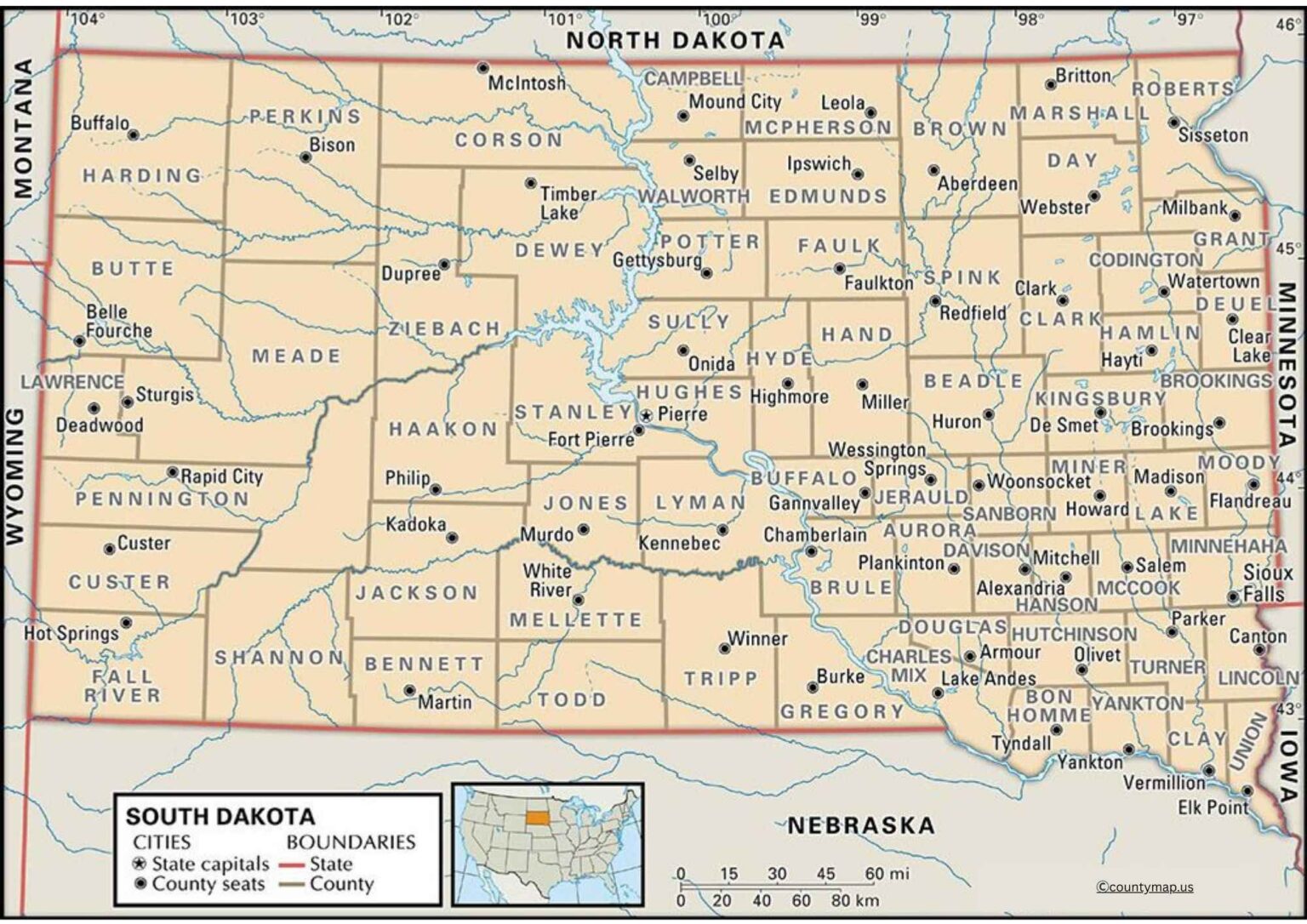South Dakota County Map with Capital